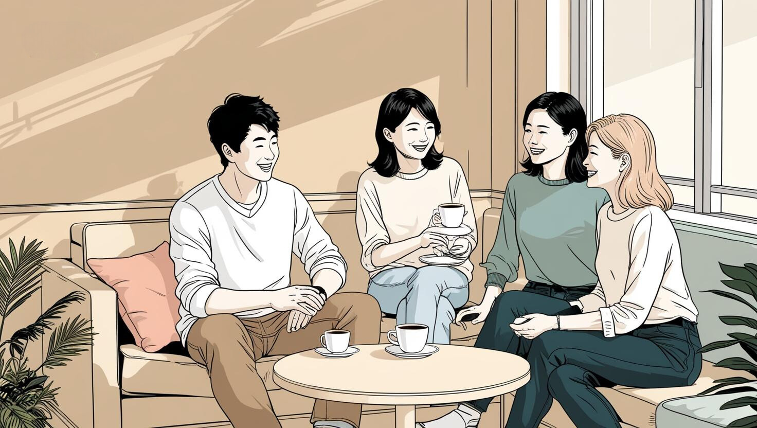 カフェで和やかに会話を楽しむ様子。温かみのある雰囲気のイラスト。